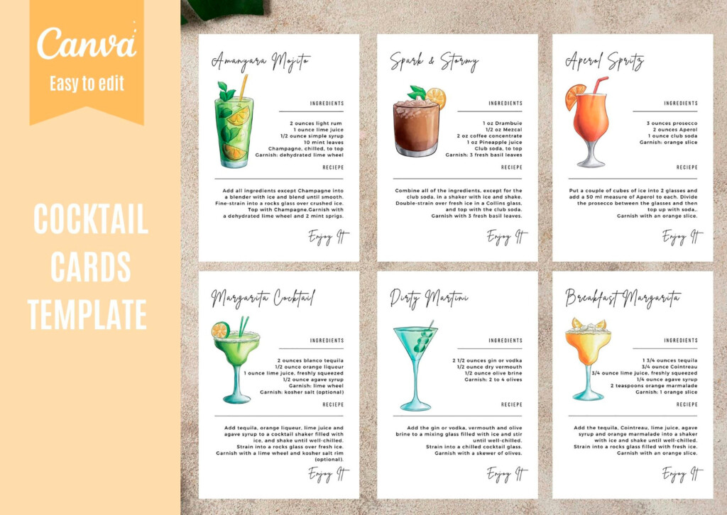 Cocktail Recipe Card Template Canva Drink Recipe Cards Printable 