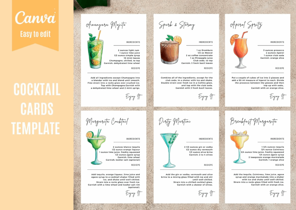 Cocktail Recipe Card Template Canva Drink Recipe Cards Printable Bar 