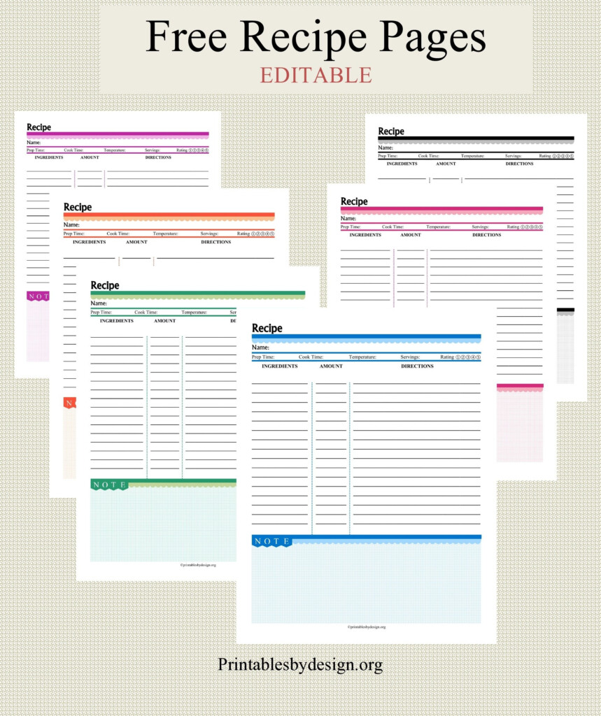 Free Recipe Pages In 6 Colors To Choose From Editable Handmade 