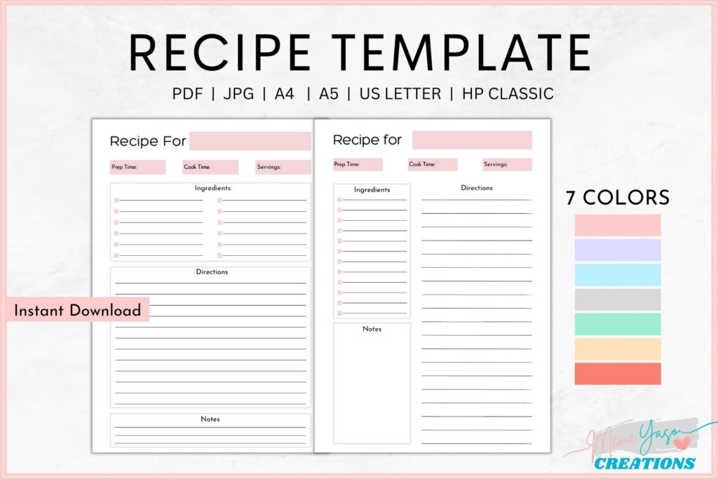 Recipe Template Bundle Printable Pdf A4 A5 Letter HP Worksheets 
