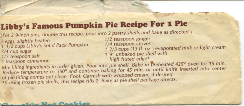 Libby s Famous Pumpkin Pie Recipe For 1 Pie Mary Romano 39 s Recipe Archive