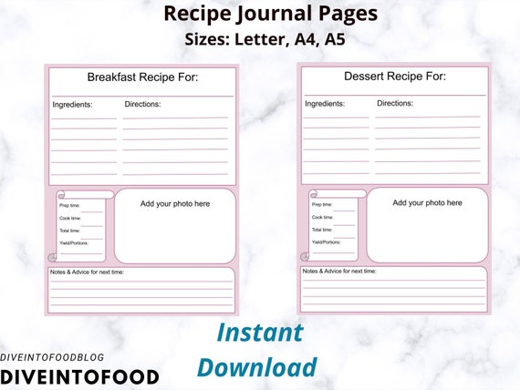 Printable Recipe Journal Pages Pink Letter A4 A5 PDF Etsy