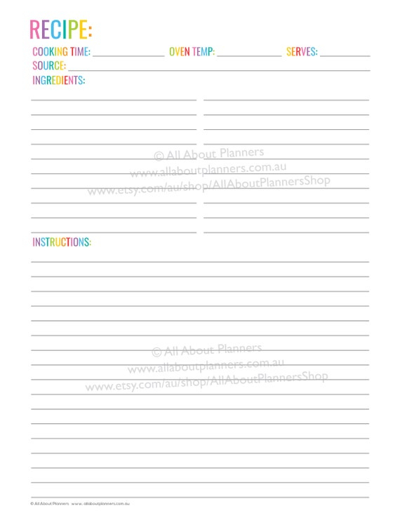 Recipe Card Printable Editable Pdf Template Fillable Insert Refill 