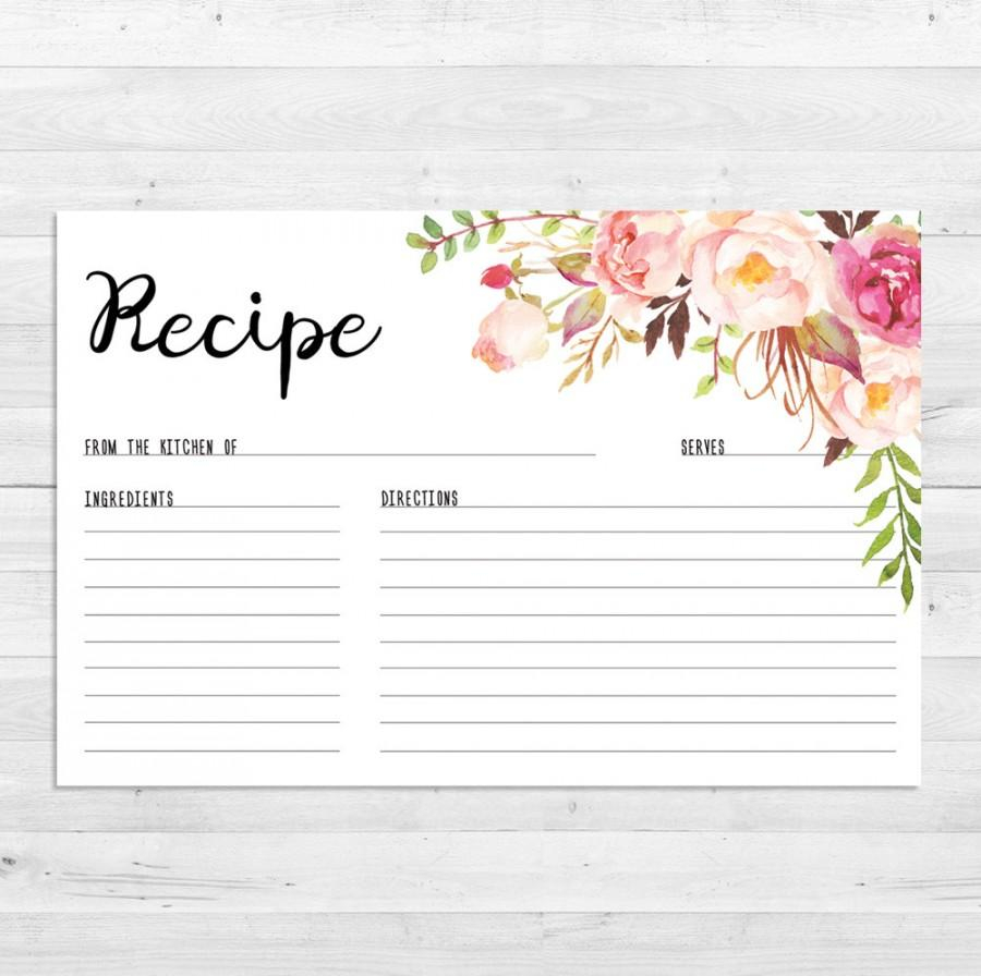 Recipe Cards Bridal Shower Boho Recipe Card Watercolor Floral 