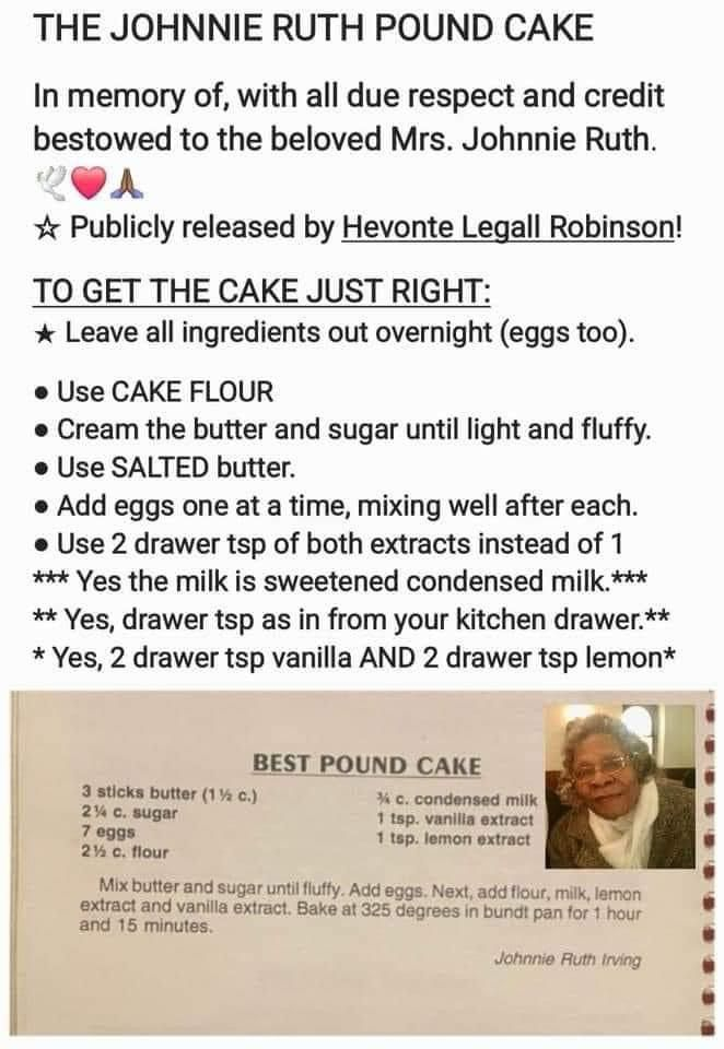The Johnnie Ruth Pound Cake Recipe
